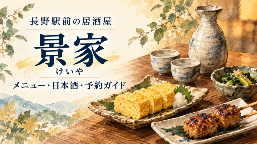 長野駅前の居酒屋「景家」の営業時間、料理の価格、日本酒、宴会・飲み放題の予算を紹介。一人飲みや座敷・仕切り空間の選び方、電話予約、駐車場、持ち帰りの確認点も整理しました。