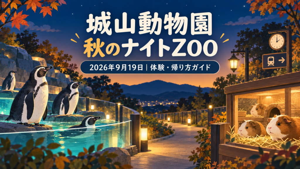 城山動物園の秋のナイトZOOは2026年9月19日、20:30まで開園。夕方の体験と整理券、入園無料と別料金の区別、駐車割引の受付時間、長野駅への帰路を整理します。