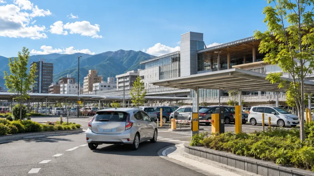 長野駅周辺の駐車場へ向かう車と駅前の風景