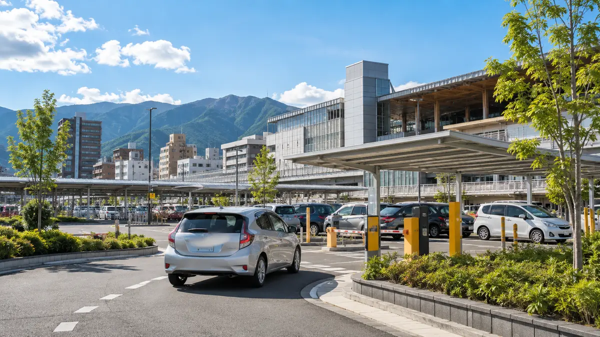 長野駅周辺の駐車場へ向かう車と駅前の風景