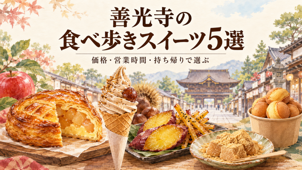 善光寺仲見世通りの食べ歩きスイーツ5店を比較。アップルパイ・栗・芋菓子・わらびもち・ベビーカステラの選び方、価格例、営業時間、中休み、持ち帰りの注意点を紹介します。