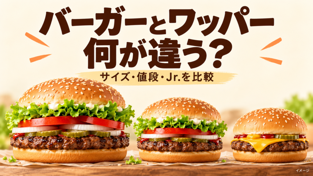 バーガーキングのワッパーとバーガーの違いを、サイズ・値段・具材で比較。ワッパーJr.やチーズバーガーとの違い、食べたい量と予算に合わせた選び方を公式情報で解説します。