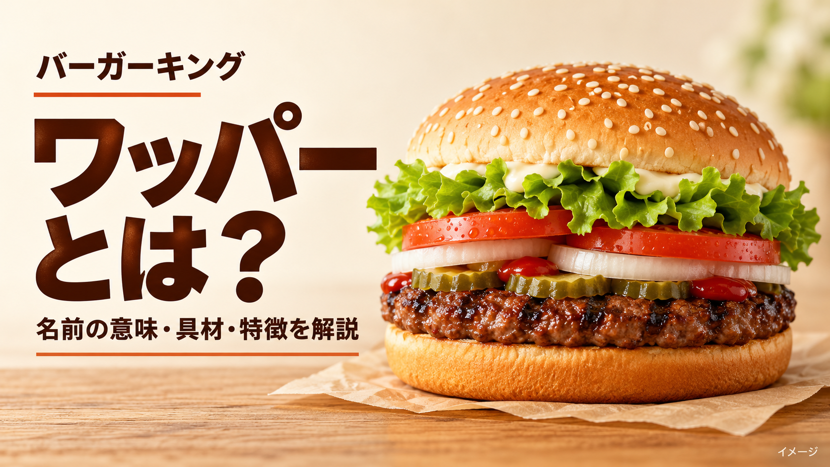 ワッパーとは、バーガーキングの看板ハンバーガー。名前の意味や由来、定番の具材、直火焼きビーフの特徴、チーズ入り・Jr.の選び方を公式情報に基づいて解説します。