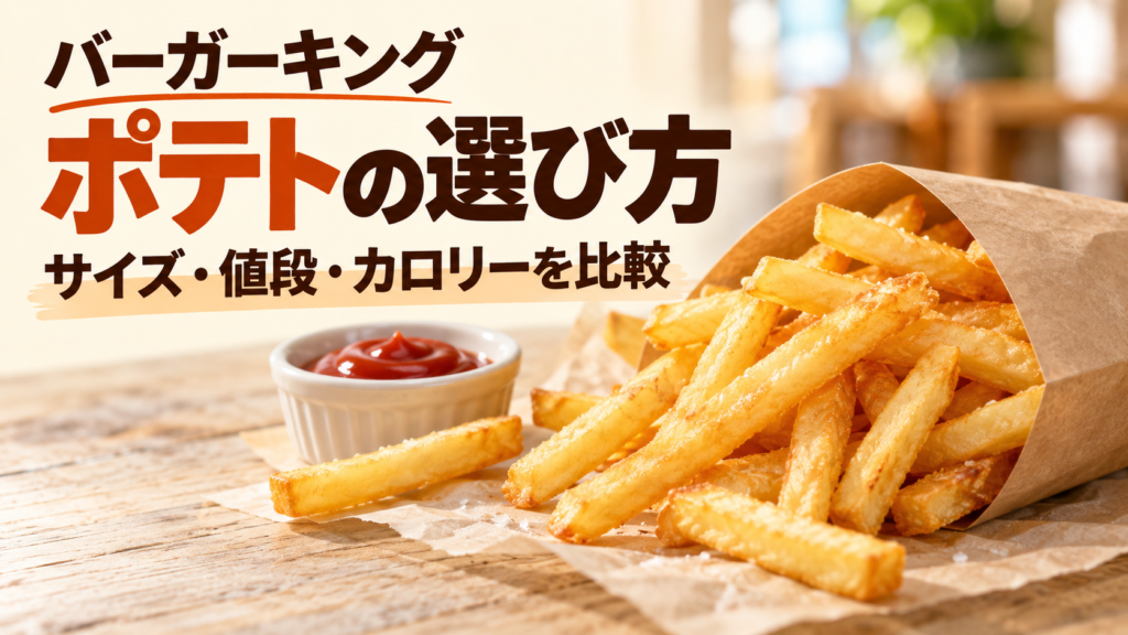 バーガーキングのポテトをS・M・Lで比較。単品290円・340円・390円、重量とカロリー、セットに付くサイズ、L1つとS2つの違い、ケチャップや塩なし注文の確認点を公式情報で整理しました。