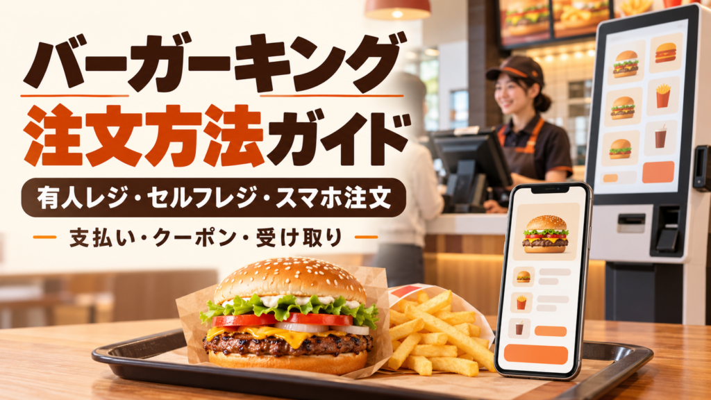 バーガーキングの注文方法を有人レジ・セルフレジ・モバイルオーダー別に解説。クーポンの使い方、現金払いの確認、PayPay対応、受け取り番号、注文後に変更できない点まで整理します。