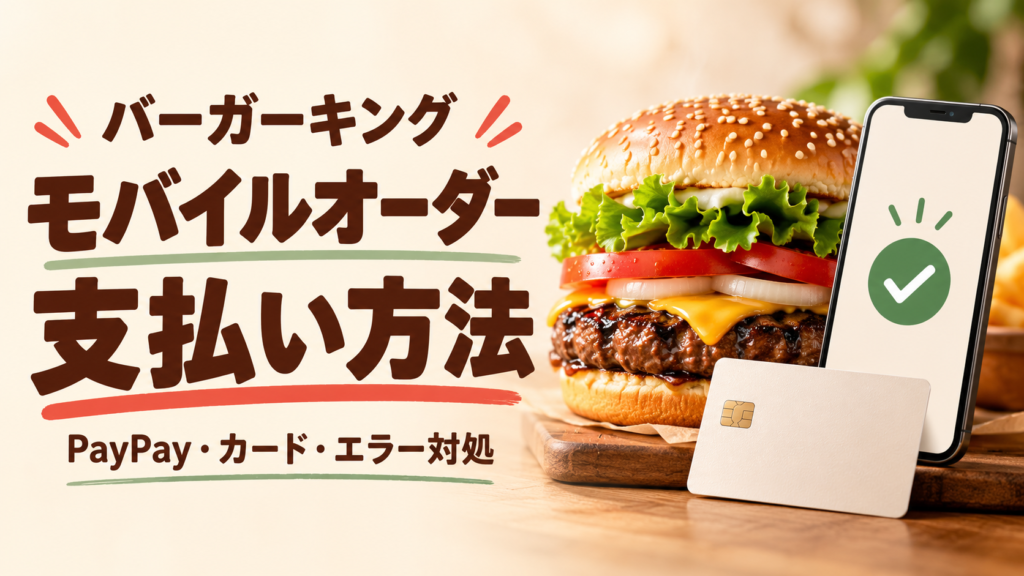 バーガーキングのモバイルオーダーはPayPayと対応カードで決済。カード登録条件、支払い方法の変更、BKJ03210010・BKJ05450007などのエラー対処、PayPay連携時の端末設定、注文上限・キャンセル条件を公式FAQで解説します。