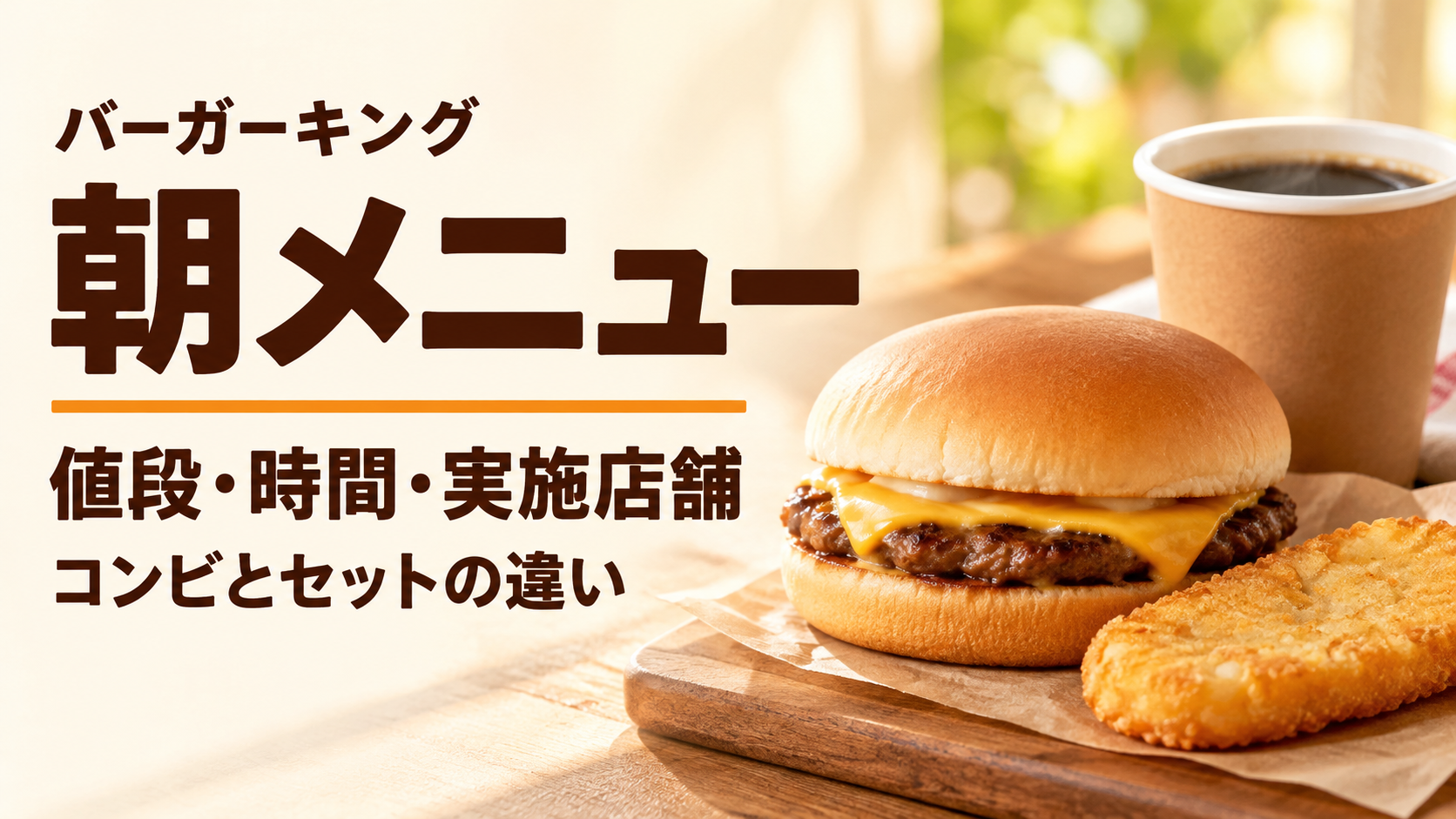 バーガーキングの朝メニューを390円コンビと550〜700円セットで比較。ハッシュブラウンやコーヒーサイズの違い、実施店舗の探し方、10:30の目安と通常メニューの扱い、長野市・稲葉店の対応を整理します。