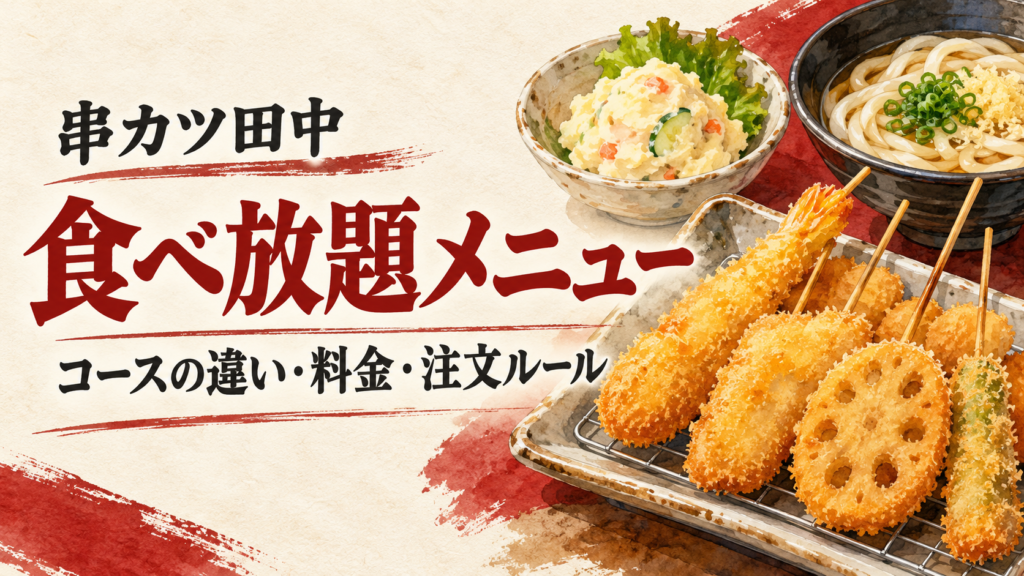 串カツ田中の食べ放題メニューを公式PDFで確認。串カツとほぼ全品の対象料理、税込3,278円・4,279円の料金、注文数や対象外商品、長野店の予約条件を整理します。