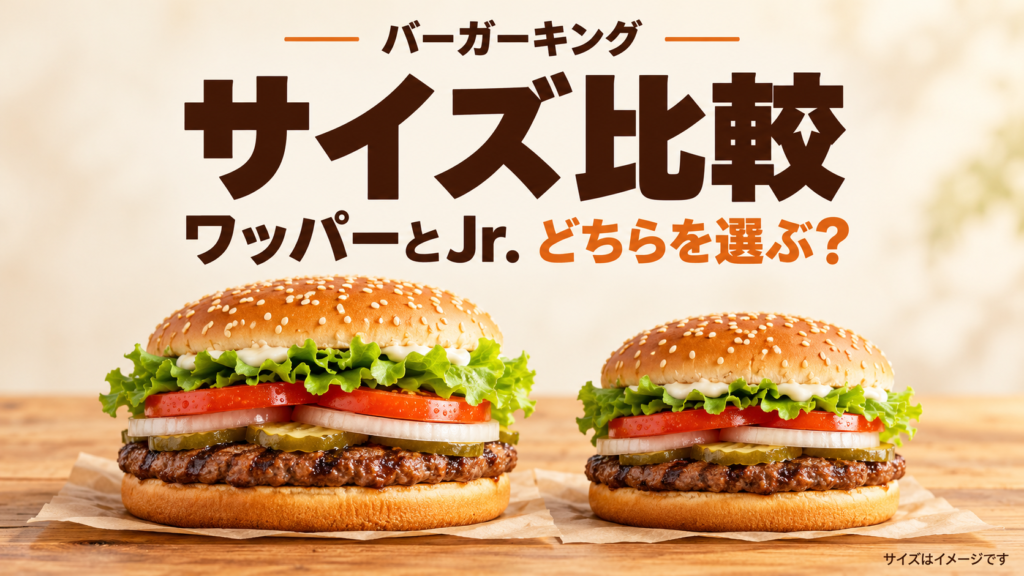 バーガーキングのワッパーは直径約13cm。公式資料をもとにJr.やチーズバーガーとの重さを比較し、Jr.2個とワッパー1個の量の違い、食べきれるサイズの選び方を解説します。