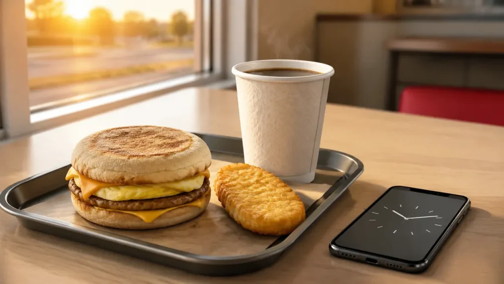 朝マックの販売時間をイメージした朝食と時計