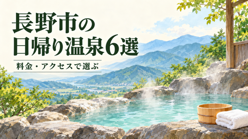 長野市で穴場の日帰り温泉を探す人へ。大岡温泉、りんごの湯、松代荘、うるおい館、権堂温泉、川中島温泉を料金・最終受付・アクセスで比較。タオル代、貸切風呂、朝風呂、帰りの交通まで紹介します。